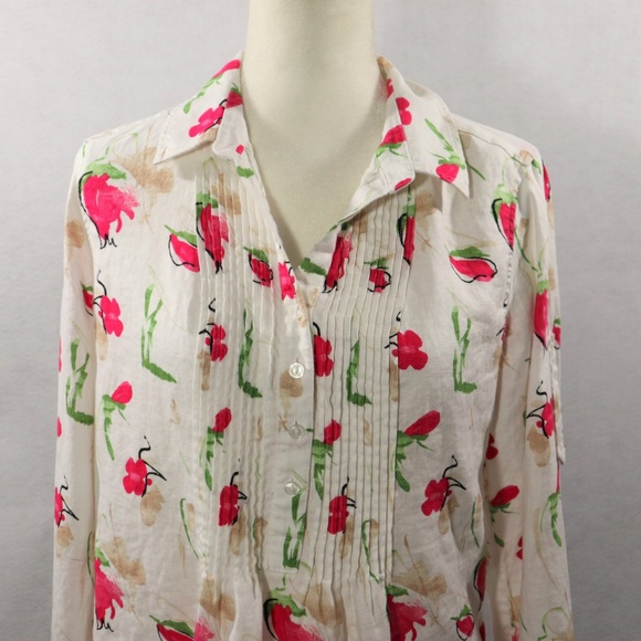 Linen Shirt Blouse Liz Claiborne Cream Pink M - Picture 2 of 8